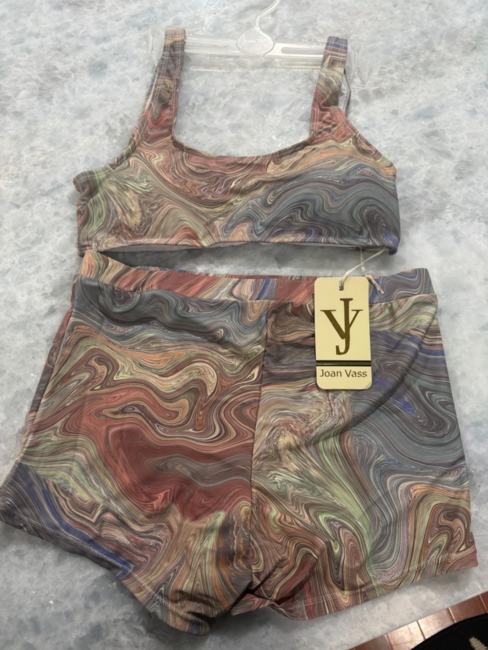Joan Vass Marble Swirl Crop Top & High-Rise Shorts - Earth Tones